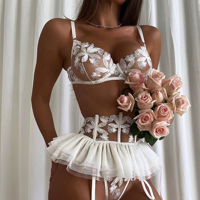 Lingerie Set Women Sexy Underwear Push Up Strappy Embroidered Mesh Sheer Lingerie Set See Through Panty Bra 3 Piece Langerie